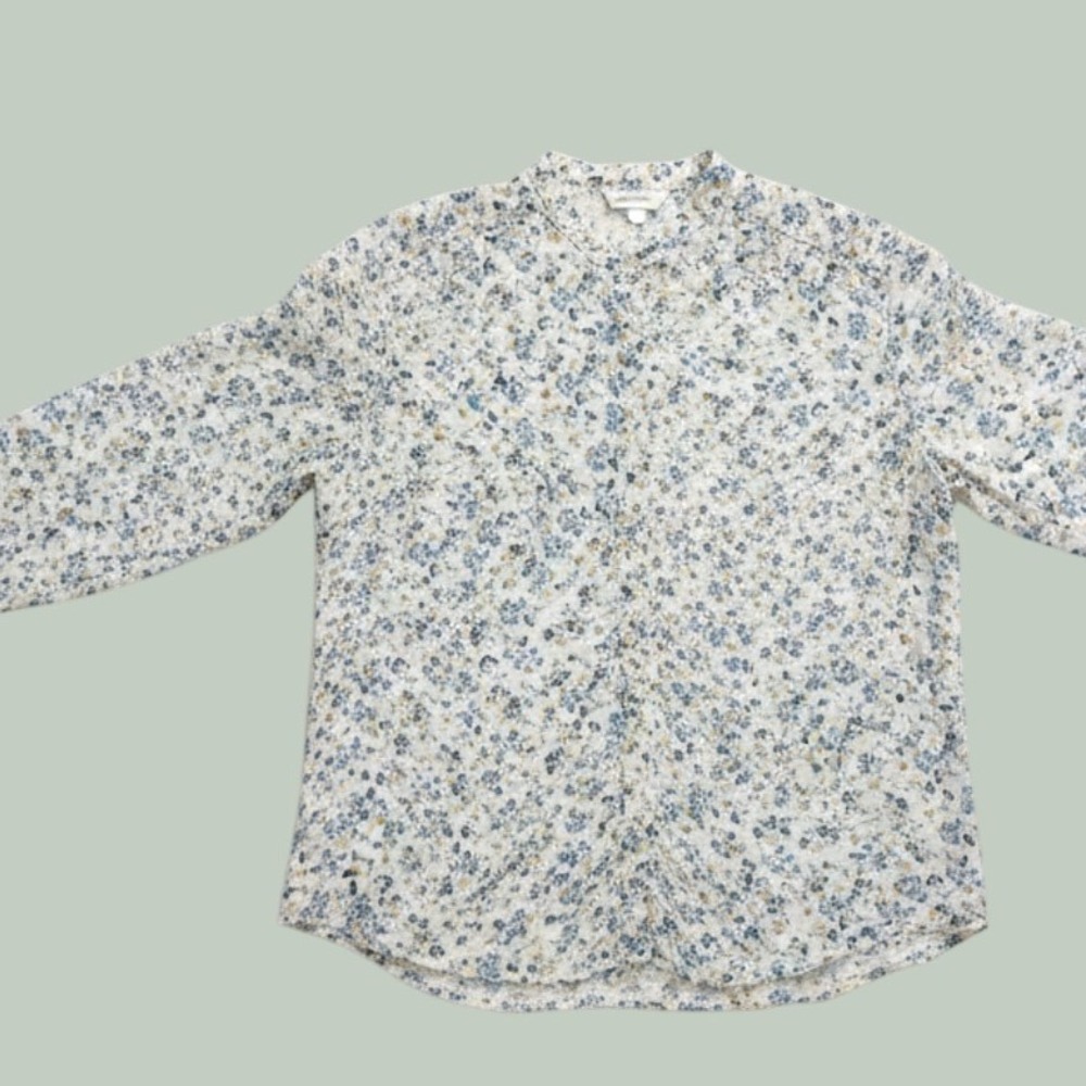 Max Studio‎ blouse button down ruffle delicate blue yellow floral pattern size M